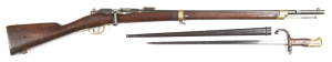 FRENCH 1874/80 GRAS MOUSQUETON B/A SERVICE RIFLE: 11 x 59R Cal; s/shot; 28" barrel; exc bore; fitted with a turned down bolt, standard sights & bayonet stud; receiver marked MANUFACTURE D'ARMES ST. ETIENNE Mle 1874; issue date of 1881; brass regulation fu