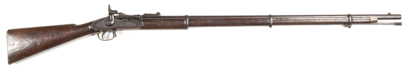 SNIDER ENFIELD LONG RIFLE: 577 Cal; 36.5" barrel; f to g bore; standard sights & fittings; lock plate marked V.R. ENFIELD, ROYAL CYPHER & dated 1864; fitted with a MKII* breech block; brass regulation furniture with butt tang marked 7 over 327; g. profile