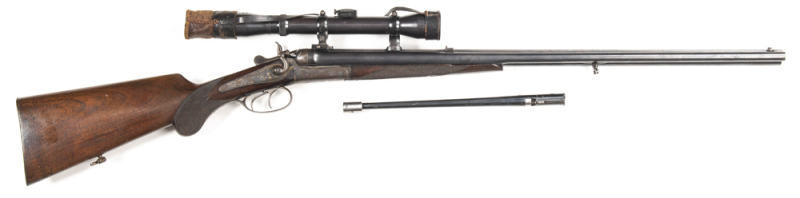 GERMAN B/L D/B CAPE GUN WITH 22 BARREL INSERT: 16G & 9.3mm; 2½" chamber; 27.75 barrels with machine cut rib; dovetail front sight, one standing, one folding back sight; fitted with a D.R.G.M. DR Walter Gerard Charlottenburg scope with detachable mounts; g