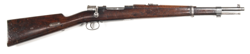 BOER WAR MAUSER MODEL 1896 B/A CARBINE: 7 x 57 Cal; 5 shot mag; 18" barrel; g. bore; std sights, MOD MAUSER 1896 LUDW LOWE & CO BERLIN to side rail; vg profiles & clear side rail markings; retaining 85% thinning blue finish to barrel, receiver, t/guard &