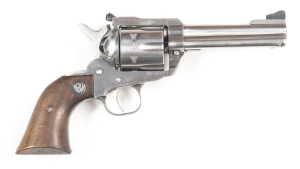 RUGER NEW MODEL STAINLESS STEEL BLACK HAWK C/F REVOLVER: 357 Magnum; 6 shot fluted cylinder; 121mm (4¾") barrel; vg bore; standard sights, barrel address & frame markings; polished stainless steel finish with a few minor scratches & marks; g. walnut grips