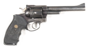 RUGER SECURITY SIX C/F REVOLVER: 357 Magnum; 6 shot fluted cylinder; 153mm (6") barrel; vg bore; standard sights, address & Cal markings to barrel with Trademark & RUGER SECURITY SIX to rhs of frame; silver/grey finish to barrel, cylinder & frame with ori