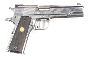 COLT NATIONAL MATCH MIDRANGE S/A PISTOL: 38 Special; 7 shot mag; 127mm (5") barrel; vg bore; standard sights, slide address & Cal markings; sharp profiles & clear HARTFORD address & markings; pistol retains 99% original nickel/silver finish; exc Colt meda