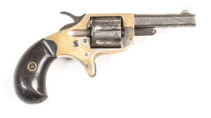 COLT NEW LINE R/F REVOLVER: 22R/F; 7 shot long fluted cylinder; 57mm (2¼") barrel; standard sights & 2 line HARTFORD address; poor bore; plain brass frame with spur trigger & vg rosewood bird's head grips; slight wear to profiles & barrel address; brass f