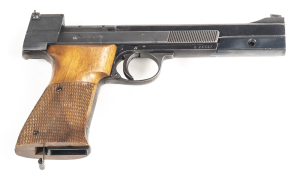 HAMMERLI MOD.208 S/A TARGET PISTOL: 22LR; 10 shot mag; 150mm(5 7/8") barrel; g. bore; standard sights, slide address & markings; vg profiles & clear markings; thinning blue finish to all metal; vg wooden grips; gwo & cond. #G24337 Post'47 L/R