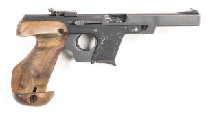 WALTHER G.S.P. S/A R/F TARGET PISTOL: 22 LR; 5 shot mag; 114mm (4½") barrel; g. bore; standard sights; slide address & markings; g. profiles & clear markings; matt grey finish to slide & action; thinning black finish to frame; f to g orthopaedic grips; gw