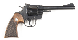 COLT OFFICER'S MODEL MATCH C/F REVOLVER: 38 Special; 153mm (6") round barrel; vg bore; standard sights; one line barrel address & markings; Colt Rampant Colt logo to lhs of frame; sharp profiles; clear address & markings; retaining 98% original factory bl