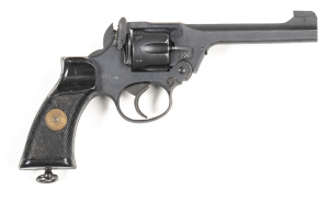 SCARCE AUSTRALIAN ALBION ENFIELD NO 2 MKI** REVOLVER: 38 Cal; 6 shot fluted cylinder; 127mm (5") barrel; vg bore; standard sight & Cal markings; rhs of frame marked ALBION NO2 MKI** & dated 1943; sharp profiles & markings; retaining 97% original war-time 