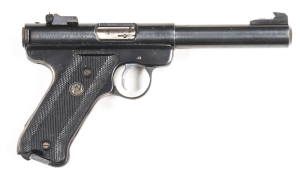 STURM RUGER MKI S/A R/F PISTOL: 22 R/F; 9 shot mag; 140mm (5½") round bull barrel; g. bore; standard sights, frame address & markings; vg profiles & clear markings; retains 80% original blacked finish; vg chequered black plastic grips; gwo & vg cond. #1