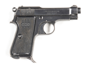 BERETTA MOD.1934 S/A PISTOL: 380 ACP; 8 shot; 85mm (3 3/8") barrel; vg bore; standard sights, slide address & markings; vg profiles & clear address & markings; retaining 90% original blue finish with most losses to grip frame; vg Beretta black plastic gri