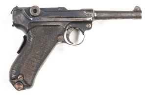 VICKERS P08 LUGER: with Dutch Indies brass ID plaque to lhs of frame reading 4-INF. XIII over 24; 9mm; 8 shot mag; 102mm (4") barrel; f. bore; VICKERS LTD to toggle & fitted with a grip safety; wear to profiles; clear markings with a few areas of moderate