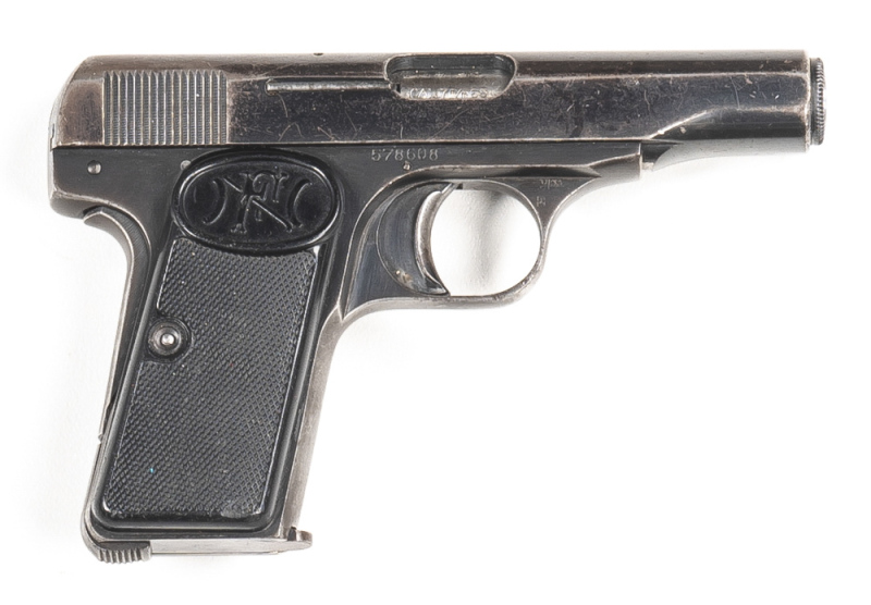 BROWNING MOD 1910 S/A POCKET PISTOL: 32 ACP; 7 shot mag; 89mm (3½") barrel; f to g bore; standard sights & FN address to lhs of slide; g. profiles & clear markings; retaining 50% original blue finish; g. original FN grips; all complete; gwo & cond. #57