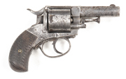 LIEGE ARMS BRITISH BULLDOG C/F REVOLVER: 450 Cal; 5 shot non fluted cylinder; 76mm (3") ovate barrel; f. bore; BRITISH BULLDOG marked to top strap; wear to profiles; clear top strap markings; plain frame with chequered walnut bird’s head grip; patchy grey