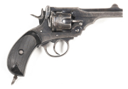 WEBLEY MKIV SERVCE REVOLVER: 455 Cal; 6 shot fluted cylinder; 102mm (4") barrel; vg bore; standard sights; MARK IV to top strap; ROYAL F CORPS marks to back strap RFC L.1371; WEBLEY MARK IV PATENTS & several Govt inspection stamps; vg profiles & clear ma