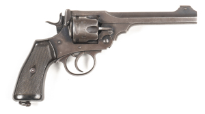 WEBLEY MKVI SERVICE REVOLVER: 455 Cal; 6 shot fluted cylinder; 153mm (6") barrel; vg bore; standard sights; MARK VI to top strap & WEBLEY MK VI Patent to lhs of frame & dated 1918; g. profiles & clear markings; blue patina to barrel & frame; soft grey to 