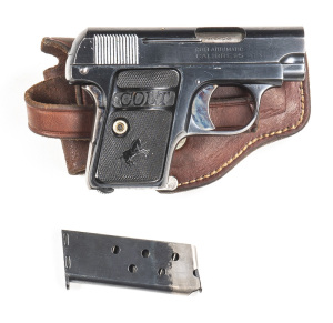 COLT MODEL 1908 VEST POCKET S/A PISTOL: 25 ACP; 6 shot mag; 51mm (2") barrel; exc bore; standard sight, slide address & markings; sharp profiles & markings; retaining 99% original blue finish with vivid case colours to trigger & grip safety; exc Colt hard