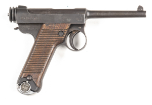 JAPANESE NAMBU TYPE 14 S/A SERVICE PISTOL: 8MM; 8 shot mag; 114mm (4½") barrel; p. bore; standard sights; Nagoya Arsenal mark & 56752 to rhs of frame; g. profiles & clear markings; blue/grey patina to barrel, action, t/guard & grip frame; vg reeded wooden