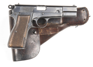 FN BROWNING HI-POWER S/A SERVICE PISTOL: 9MM; 13 shot mag; 121mm (4.75") barrel; vg bore; standard sights; FN address to lhs of frame & WWII German Waffenamt acceptance stamps; g. profiles, clear address & markings; retaining 80% original blue finish with