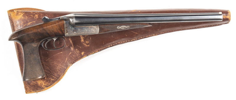 MIDLAND GUN CO HORSE PISTOL: 20G; SxS; 2 shot; 356mm (14") barrels; vg bores; ivory bead front sight; barrels marked MIDLAND GUN CO BIRMINGHAM & LONDON; borderline engraved action with MIDLAND GUN CO within a banner to both sides; sharp profiles & clear m