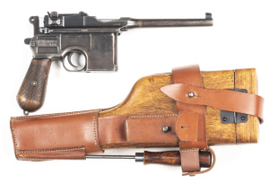 MAUSER C96 SMALL RING S/A PISTOL: 7.63; 10 shot mag; 140mm (5½") barrel; standard sights; MAUSER address to the breech & rhs of the frame; pistol has an overall blue/grey patina; g. original wooden grips; gwo & cond. Comes with a vg new wooden holster but