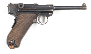 D.W.M. MOD.1906 COMMERCIAL LUGER S/A PISTOL: 7.65 Cal; 8 shot mag; 121mm (4¾") barrel; f to g bore; standard sights; D.W.M. to toggle, grip safety fitted; sharp profiles; clear markings; 90% original blue finish remains with most losses to muzzle & grip f