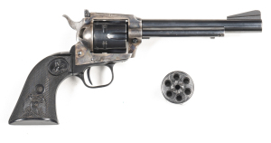 COLT NEW FRONTIER R/F REVOLVER: 22 L/R; 6 shot fluted cylinder; 153mm (6") barrel; vg bore; std sights; one line HARTFORD address to barrel & NEW FRONTIER 22 to the lhs; COLTS PATENT & Rampant Colt logo to lhs of frame; retaining 95% orig blue finish to b