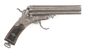 GERMAN 5 BARREL RIMFIRE PISTOL: 25 RF; 5 shot twist barrel cluster; g. bores; 127mm (5") barrels; foliate engraved frame with folding trigger; vg profiles & clear engraving; silver grey patina to barrels, frame & grip frame; g. borderline engraved walnut 