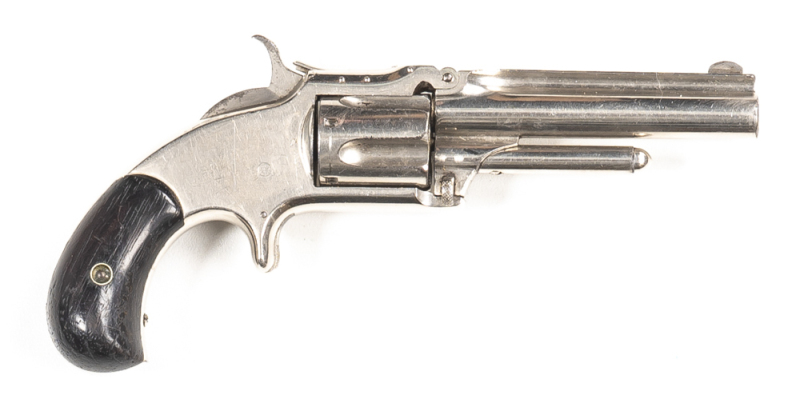 SMITH & WESSON MOD 1½ NEW MODEL R/F REOLVER: 32 Cal; 5 shot fluted cylinder; 89mm (3.5") barrel; f to g bore; standard sights & one line S&W barrel address; plain frame with spur trigger; retaining 93% original nickel finish; vg rosewood bird's head grips
