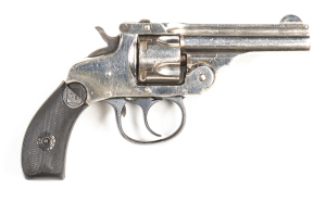 HARRINGTON & RICHARDSON PREMIER C/F REVOLVER: 32 Cal; 5 shot fluted cylinder; 76mm (3") barrel; g. bore; standard sights & 2 line H & R barrel address; g. profiles & clear address; retaining 85% original nickel finish, thin blue to t/guard; f to g hard ru