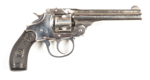 IVER JOHNSON TOP BREAK C/F REVOLVER: 32 Cal; 5 shot fluted cylinder; 102mm (4") barrel; g. bore; standard sights & barrel address; g. profiles, clear address & markings; retaining 95% original nickel finish with blue to t/guard; vg hard rubber grips; gwo 