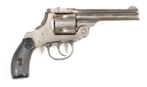 HARRINGTON & RICHARDSON D/ACTION TOP BREAK REVOLVER: 38 S&W; 5 shot fluted cylinder; 102mm (4") barrel; f to g bore; standard sights, barrel address & Cal markings; g. profiles, clear address & markings; retaining 75% original nickel finish, grey to t/gua