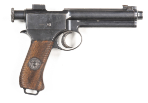 AUSTRIAN ROTH STEYR MODEL 1907 SERVICE PISTOL: 8MM; 8 shot mag; should be a 140mm barrel; standard sights & fittings; top rib marked WAFFENFABRIK STEYR; g. profiles & clear markings; retaining 93% original blue finish; vg reeded wooden grips; gwo & vg con