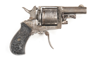 ENGRAVED BELGIUM BULLDOG TYPE C/F REVOLVER: 320 CF; 6 shot non fluted cylinder; 51mm (2") ovate barrel; small blade front sight; f to g bore; foliate engraved cylinder & frame with folding trigger; silver grey patina to all metal; vg fancy hard rubber gri