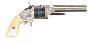 SMITH & WESSON MODEL NO.2 ARMY REVOLVER, ENGRAVED BY MASTER ENGRAVER PHIL VINICOMBE: 32 R/F; 6 shot non fluted cylinder; 127mm (5") octagonal barrel; f. bore; standard sights & faint one line SMITH & WESSON address to barrel; with beautiful scroll engravi