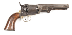 COLT 1849 POCKET PERCUSSION REVOLVER: 31 Cal; 5 shot non fluted cylinder with 60% scene; 127mm (5") octagonal barrel; poor bore; standard sights; 2 line NEW YORK address to barrel; COLTS PATENT to lhs of frame; brass t/guard & back strap with 50% silver p