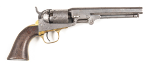 COLT 1849 POCKET PERCUSSION REVOLVER: 31 ML; 5 shot non fluted cylinder; 153mm (6") octagonal barrel; poor bore; standard sights & one line NEW YORK address; COLTS PATENT to lhs of frame; wear to profiles; moderate bruising to barrel, heavy to cylinder; s