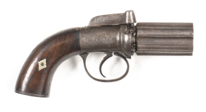 ENGLISH PERCUSSION PEPPERBOX PISTOL: 32 ML; 6 shot barrel cluster; 63mm (2½") barrels; fair bores; foliate engraved frame, back strap, t/guard & butt cap; g. profiles & clear engraving; soft grey patina to barrels, frame, t/guard & back strap; g. walnut g