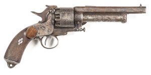 FRENCH 2ND MODEL LEMAT PERCUSSION REVOLVER: 42 Cal; 9 shot cylinder; 170mm (6¾") octagonal barrel, under the octagonal barrel is a 127mm (5") round barrel; poor bore to both; standard sights; no visible maker to barrel; 1894 Sn to rhs of barrel, frame & c