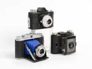 AGFA: Group of cameras and accessories including an Agfa-Ansco PD16 Clipper with original box, an Isolette II, a Click-I, plus other items. (6).