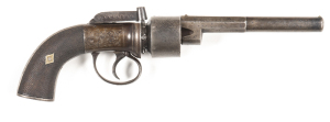 ENGLISH TRANSITION PERCUSSION REVOLVER: 40ML; 6 shot non fluted cylinder; 140mm (5½") octagonal to round barrel; fair bore; standard sights; foliate engraved steel frame with lhs a replacement; wear to profiles; clear engraving; grey finish to barrel, cyl