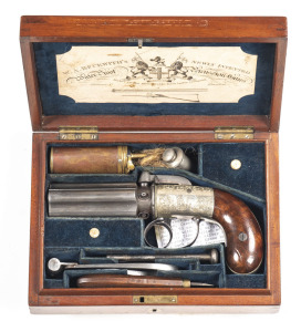 SUPERB CASED W.A. BECKWITH PEPPERBOX PISTOL: with COLONIAL TASMANIA CONNECTIONS: 38 bore; 5 shot barrel cluster; g. bores; 89mm (3½") barrels struck with LONDON proofs; German silver frame & back strap; scroll engraved & inscribed IMPROVED REVOLVING PISTO