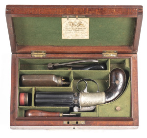 CASED E&W BOND PEPPERBOX PERCUSSION PISTOL: 40ML; 6 shot barrel cluster; g. bores; 89mm (3½") barrels; German silver frame & back strap; foliate engraved steel t/guard engraved ensuite; frame inscribed E&W BOND IMPROVED REVOLVING PISTOL: sharp profiles; c