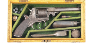 CASED BEAUMONT ADAMS PERCUSSION REVOLVER: 54 Bore; 5 shot non fluted cylinder; 153mm (6") octagonal barrel; g. bore; standard sights & fittings; plain borderline engraved top strap, frame & t/guard; g. profiles; grey finish to barrel, blue/grey to cylinde