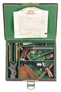 CASED BIBLE SET OF A BELGIUM PINFIRE REVOLVER & A U.S.A. RING TRIGGER UNDER HAMMER S/BARREL PERCUSSION PISTOL: The Pinfire: 7mm; 6 shot non fluted cylinder; 89mm barrel; g. bore; standard sights; plain frame & folding trigger; re-blacked frame & barrel; s