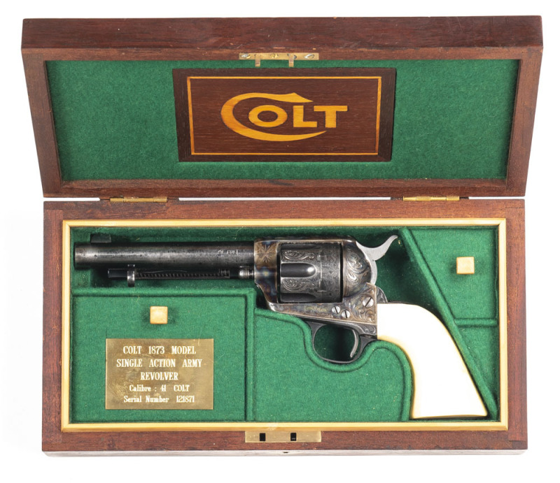 MASTER ENGRAVER PHIL VINNECOMBE ENGRAVED COLT S.A.A. REVOLVER: 41 Colt; 6 shot scroll engraved cylinder; 140mm (5½") barrel; vg bore; standard sights; one line HARTFORD ADDRESS plus 41 COLT; COLT PATENT & dates to lhs of frame; revolver is engraved in scr
