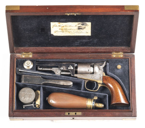 CASED LONDON 1849 COLT POCKET PERCUSSION REVOLVER: 31 ML; 5 shot non fluted cylinder with 90% scene; 102mm (4") octagonal barrel; g. bore; standard sights; one line NEW YORK address & struck with LONDON proofs; COLTS PATENT to lhs of frame; the letter E s