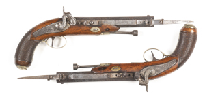 PAIR BELGIUM PERCUSSION BELT PISTOLS with BAYONETS: .68" Cal: 7½" octagonal barrels with foliate engraved patent breeches & tangs, lhs flats with ELG oval stamp, rhs flats fitted with spring bayonet; fixed front & rear sights; p. to f. rifled bores; back 