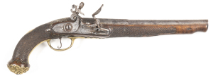 EUROPEAN FLINTLOCK HOLSTER PISTOL: 60 Cal; 9¼" round to octagonal Damascus barrel with maker's mark in gold lettering to the breech; foliate engraved lock inscribed LONDON with French style cock, semi-rainproof pan & roller frizzen; gilt brass t/guard wit