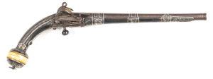 IMPERIAL RUSSIAN MIQUELET HOLSTER PISTOL: .450 Cal; 11½" round barrel secured by 3 ornate silver Niello barrel bands; p. bore; plain miquelet lock; silver Niello back straps & side plates with vine decoration; Odobenus Rosmaris (Walrus ivory) ball butt wi