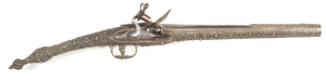 V. RARE ALL METAL STRAIGHT BUTT OTTOMAN FLINTLOCK HOLSTER PISTOL: 18 bore; 13" barrel with maker's mark to the breech; English style plain curved lock plate fitted with a swan neck cock & integral pan; silver grey finish to barrel, lock plate & fittings